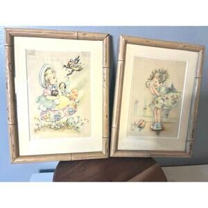 Vintage Nursery Wall Art Set of 2 Framed Children’s Illustrations Bamboo Frames